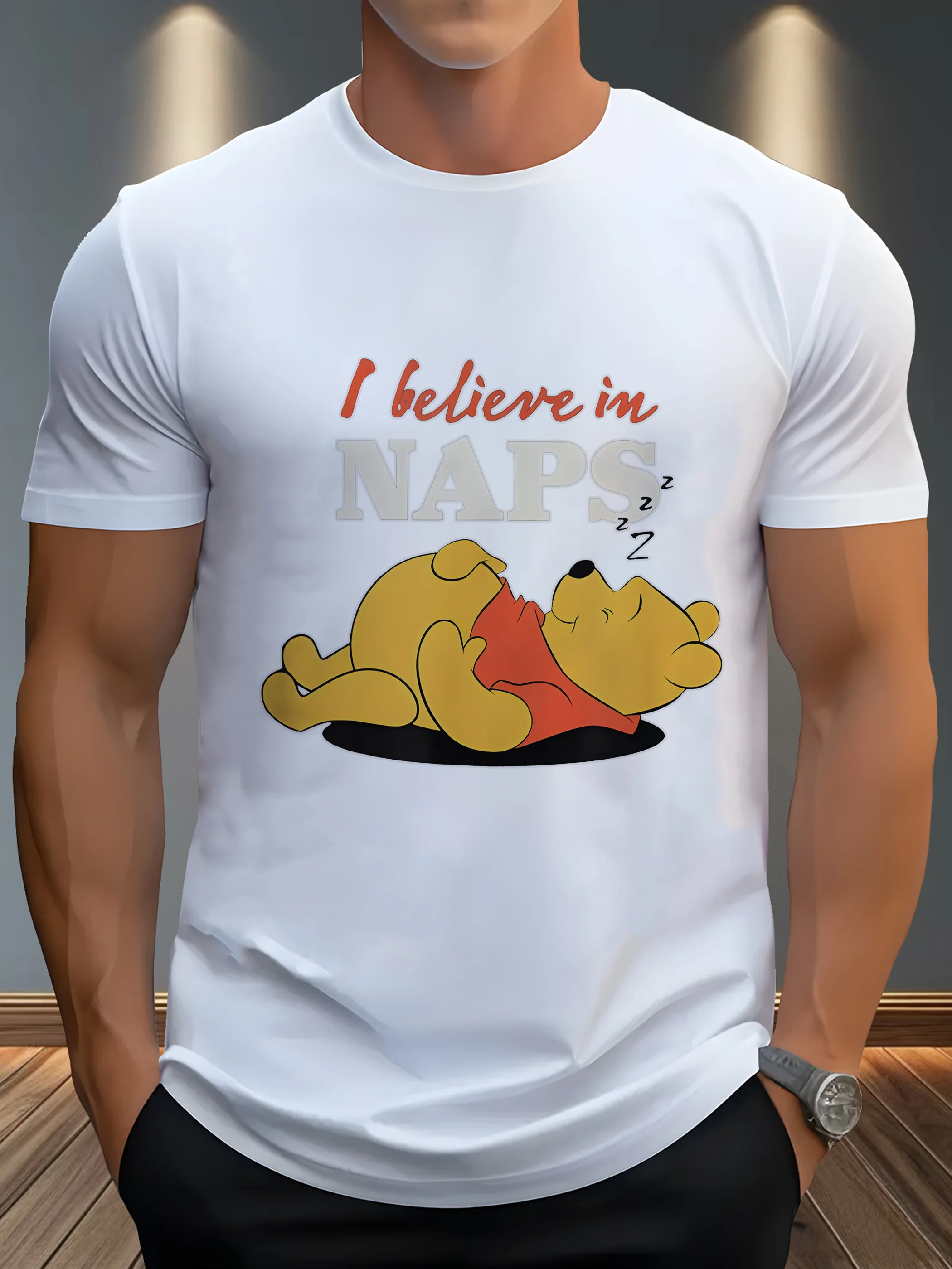 

Disney, Winnie the Pooh I believe in nap T-shirt outdoor sports all seasons for short-sleeved round neck holiday gifts