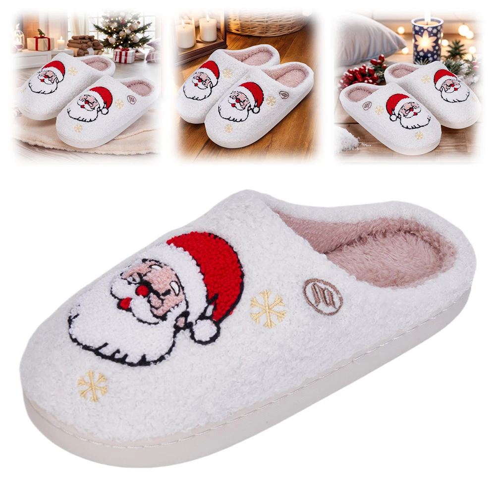 

Christmas Slippers Santa Claus Indoor Bedroom Fluffy Warm Fleece Slippers Winter Soft Cozy Home Non-Slip House Shoes for Women