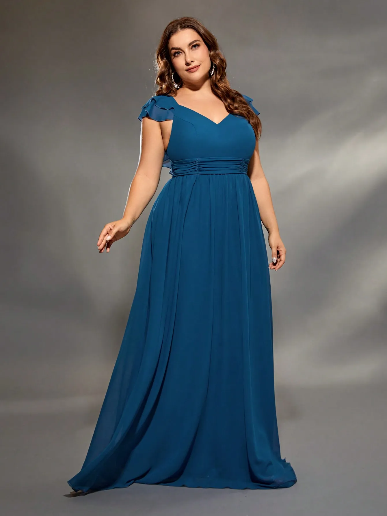 Mgiacy plus size V-neck double layer lotus sleeve chiffon full skirt Evening gown Ball dress Party dress Bridesmaid dress
