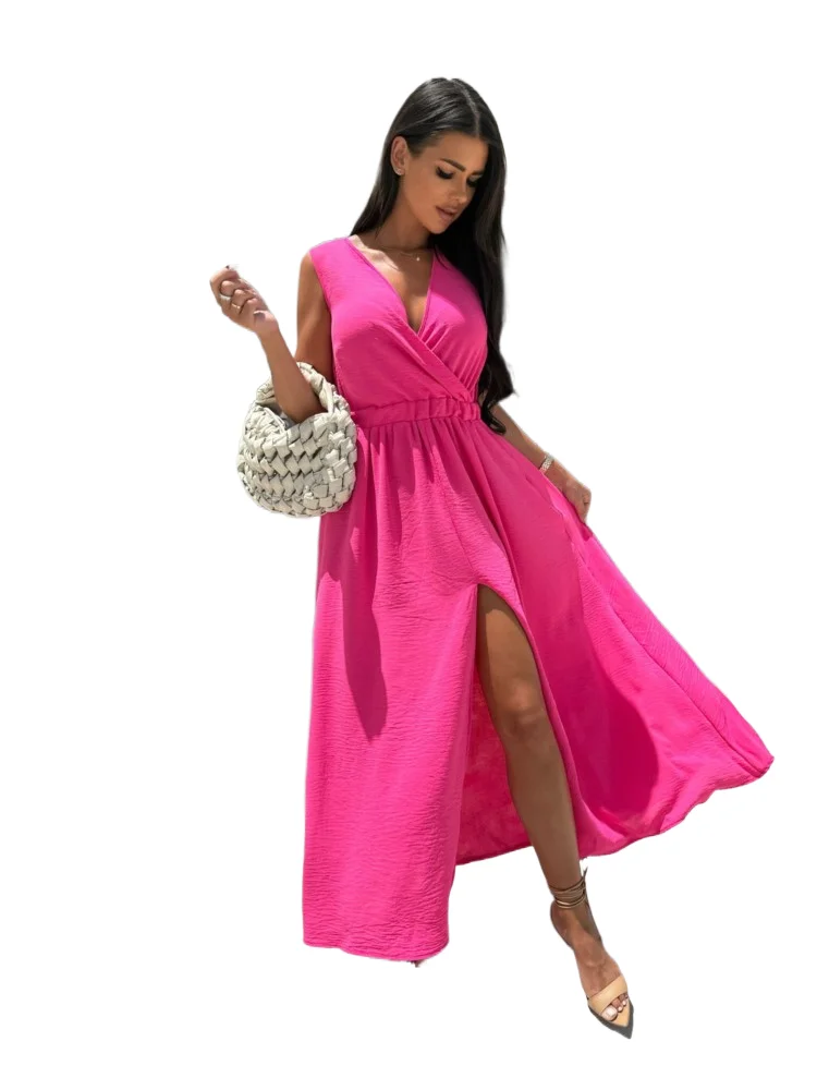 

Fashion Elegant Casual Dresses New Summer Style Solid Color V-neck Sexy Slit High Waist Long Dress For Women Holiday Robe Femme
