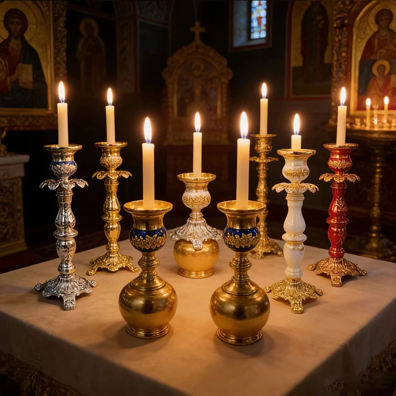 

Gold Plated Orthodox Church Enamel Candlestick with Floral Patterns for Liturgy Home Altar Prayer Devotion Christian Gift Decor