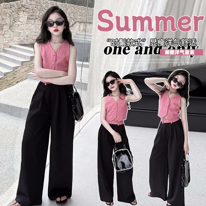 

Girls' Summer Set 2025 Children's Sleeveless Vest Contrast Casual Pants Summer Set Korean Edition Medium Sized Children's Set