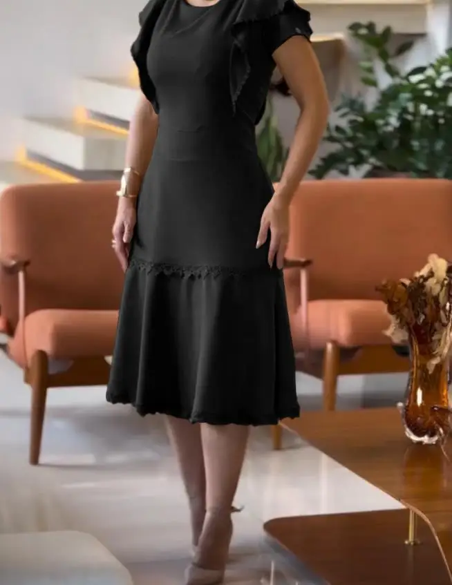 

Solid Color Lace Lace Patchwork Flared Sleeve Patchwork Dress