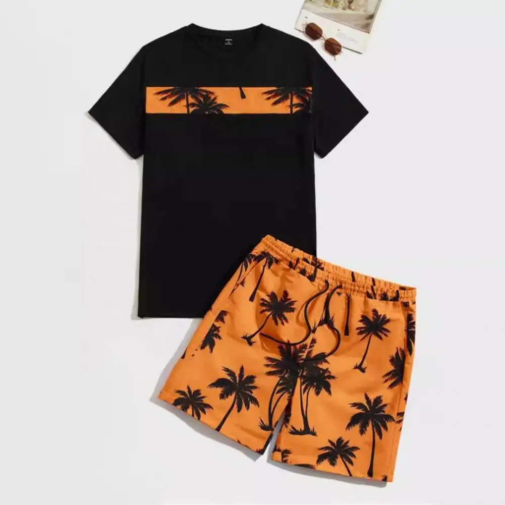 

Summer Men's Beach Set Short Coconut Tree Drawstring Men's swim Trunks Top Elastic Waist 3D Print Gradient Breathable Streetwear