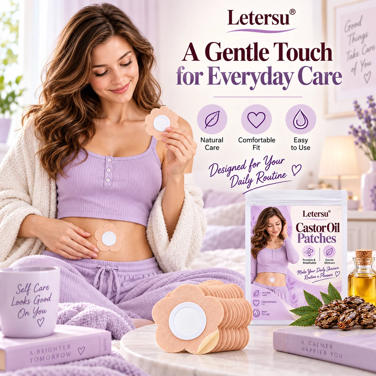 50PCS Castor Oil Patches for Belly, Flower Shape Body Care Pads, Breathable Comfortable Skin Patches for Daily Skincare