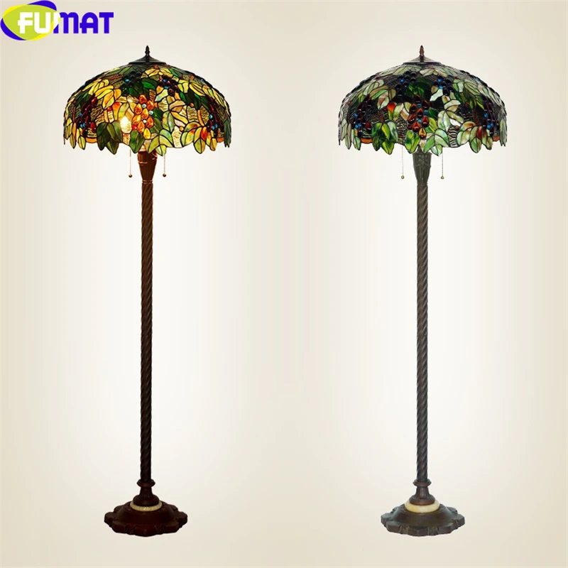 FUMAT Double Head Lash Child And Mother Floor Lamp Tiffany Antique Americal Style Grape Leaf Arts Handicraft Home Decor Light