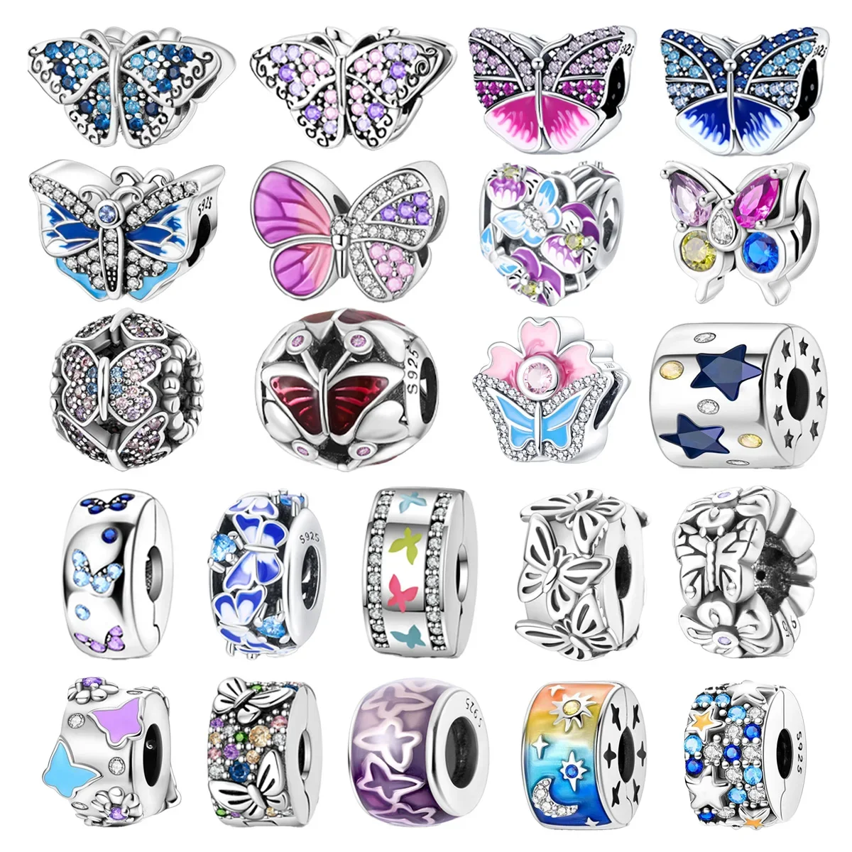 

Original 925 Charms Sterling Silver Colorful Butterfly Star Safety Clasp Beaded for Pandora DIY Bracelet Ladies Jewelry Gift