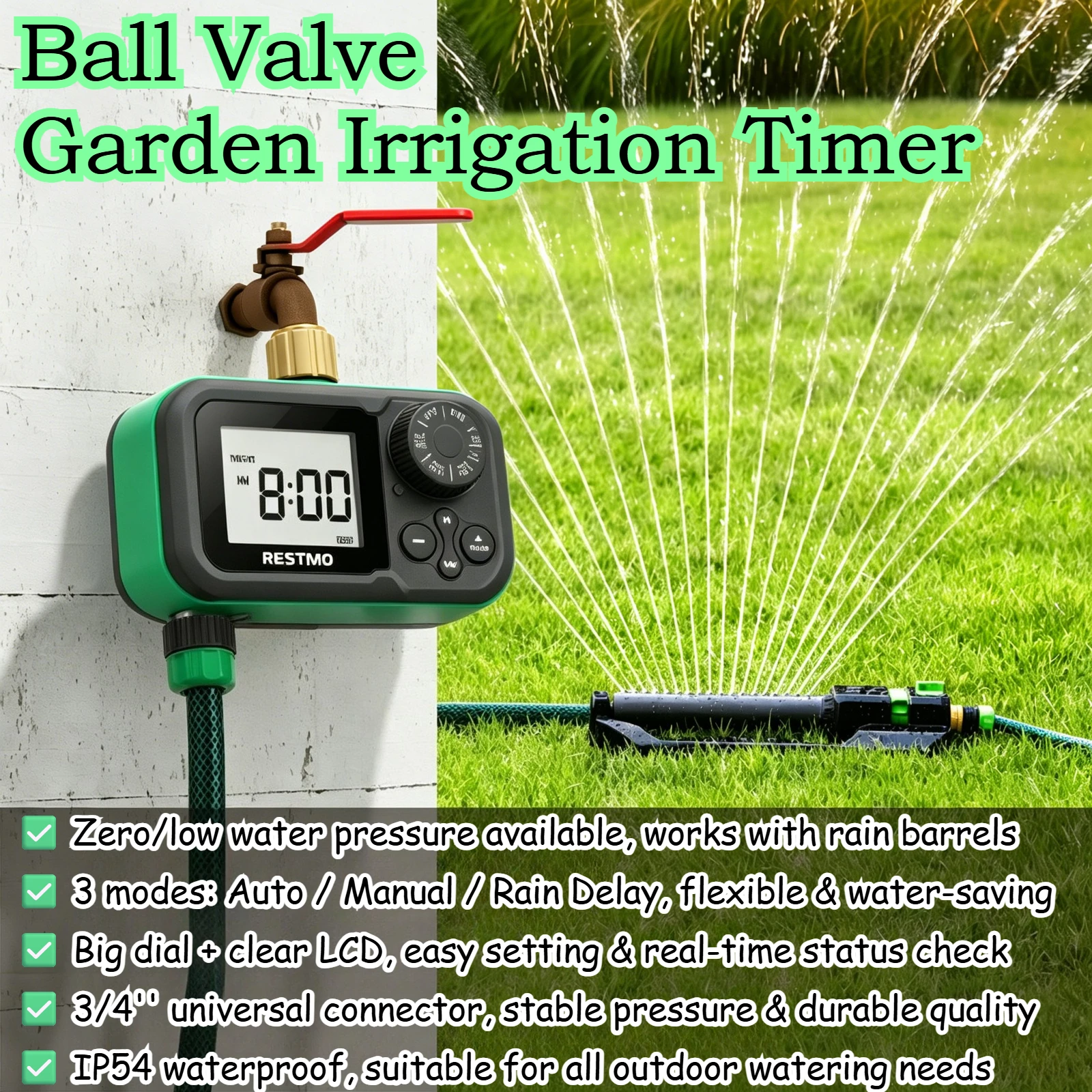 

Ball Valve Sprinkler Timer Auto / Manual / Rain Delay Garden Hose Timer Water-Saving Irrigation Controller for Lawn Yard Drip