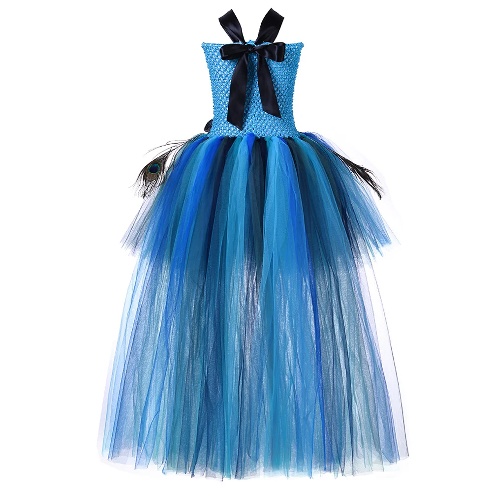 High Low Peacock Trailing Dresses for Girls Christmas Halloween Costumes Kids Birthday Evening Party Fancy Tutus with Long Tail