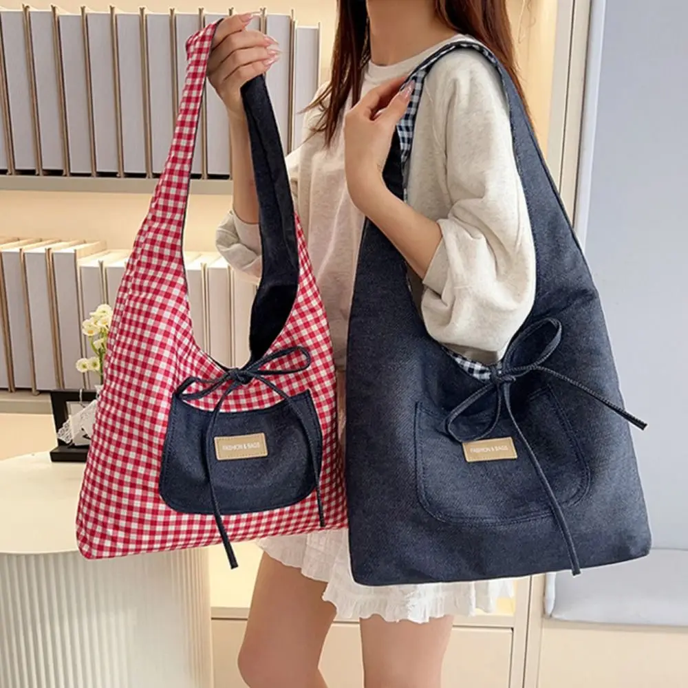 

Lattice Double Sided Plaid Denim Vest Bag Cloth Japanese Style Denim Shoulder Bag Leisure Commuting Canvas Tote Bag Outdoor