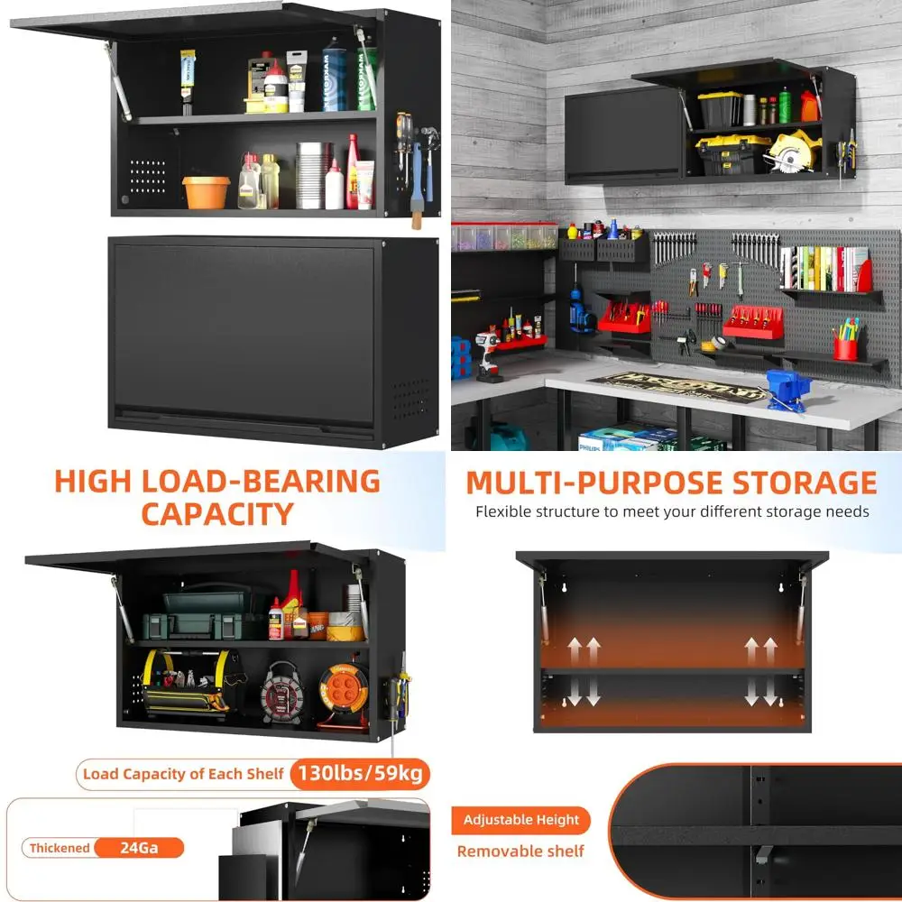 Metal Wall-Mounted Storage Cabinet with Flip-Up Door and Shelves, 19.7 High, Garage Hanging Cabinet Solution