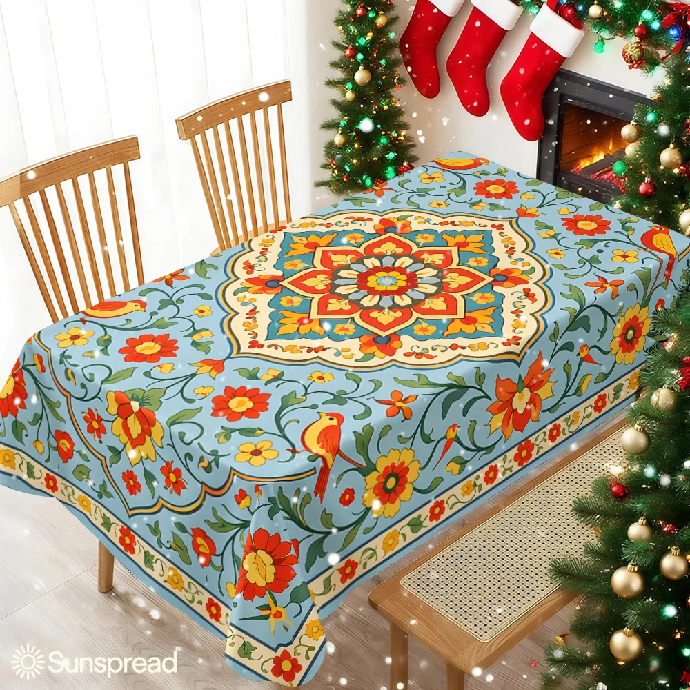 Blue Floral Birds Carpet Table Cloth Waterproof Tablecloth Spill Proof Table Cloth, Wipe Clean Table Cloth for Dining Camping