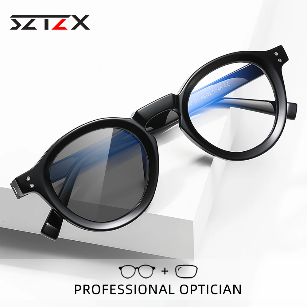 SZTZX Classic Round Photochromic Anti Blue Light Reading Glasses Women Men Myopia Hyperopia Prescription Optical Eyewear PF2090