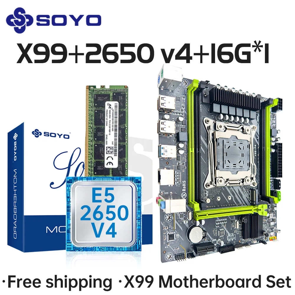 SOYO X99 Motherboard Set With LGA2011-3 CPU Xeon E5 2650 V4 DDR4 16GB 2133MHZ Memory NVME M.2 SATA3.0 USB3.0 Computer components