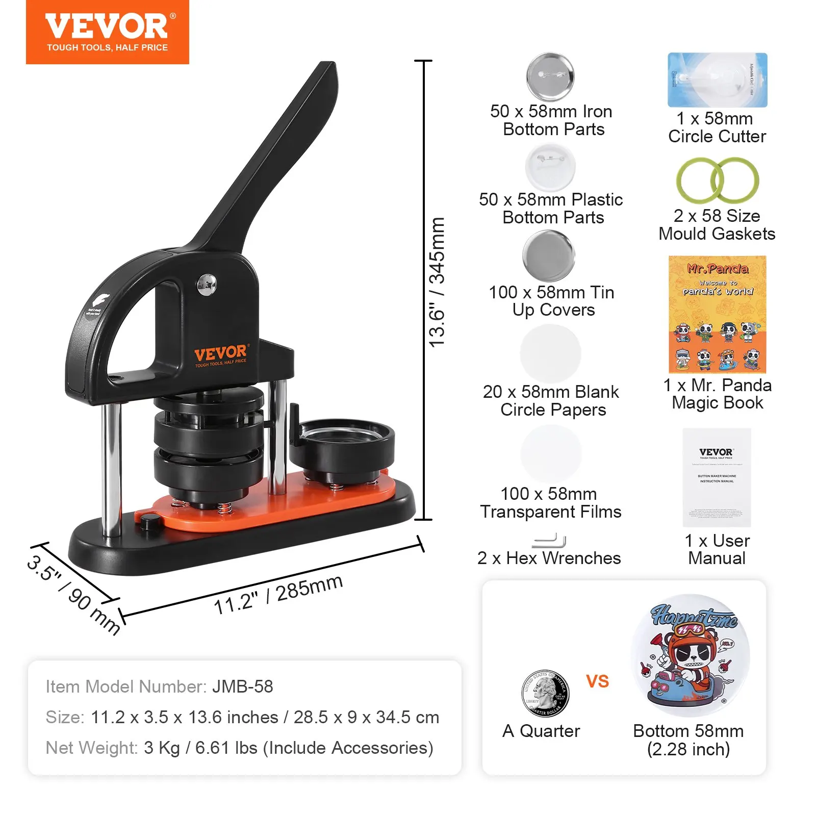 Button Maker Machine, 2.28 Inch 58mm Pin Maker With 100pcs Button Parts, Ergonomic Arc Handle Punch Press Kit, Button Maker