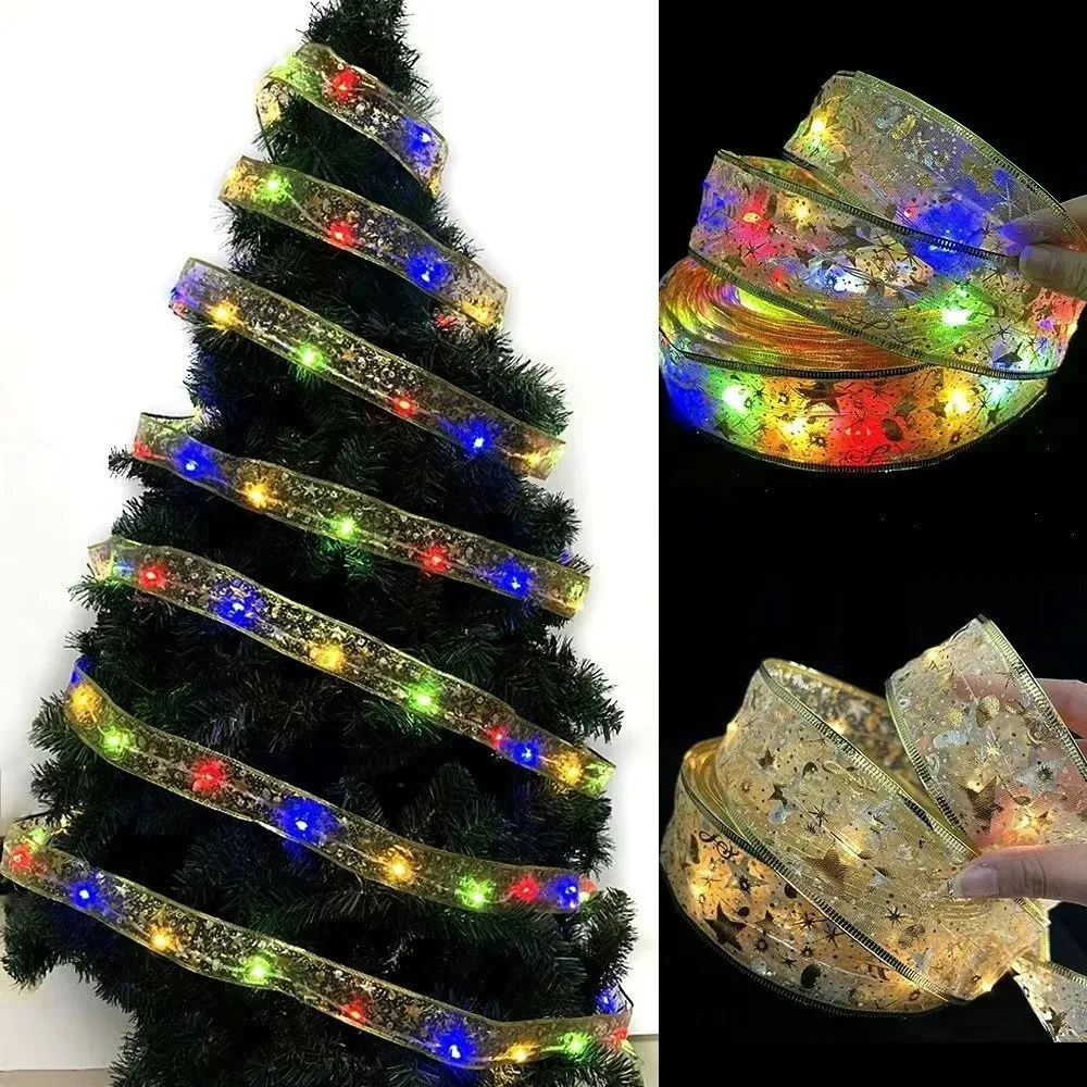 Kerstversiering Led Lint Kerstverlichting Kerstboom Ornamenten Voor Thuis Diy Strikken Licht String Navidad Nieuwjaar 2024