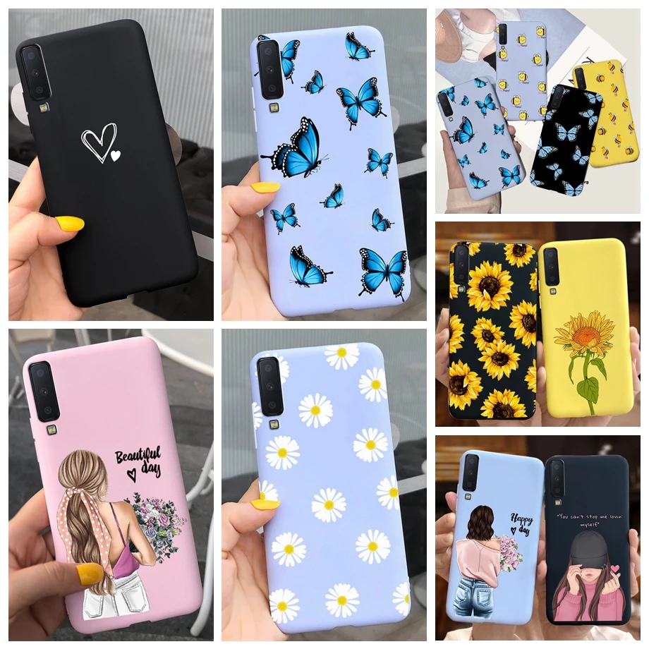 For Samsung A7 2018 Case Beautiful Sunflowers Couple Heart Back Case For Samsung Galaxy A7 2018 SM-A750F Candy Matte Cases