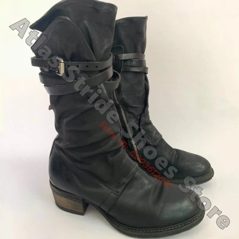 Retro Punk Women Slouchy Biker Boots Black Distressed Surface Round Toe Multi Adjustable Buckle Straps Block Heel Boots