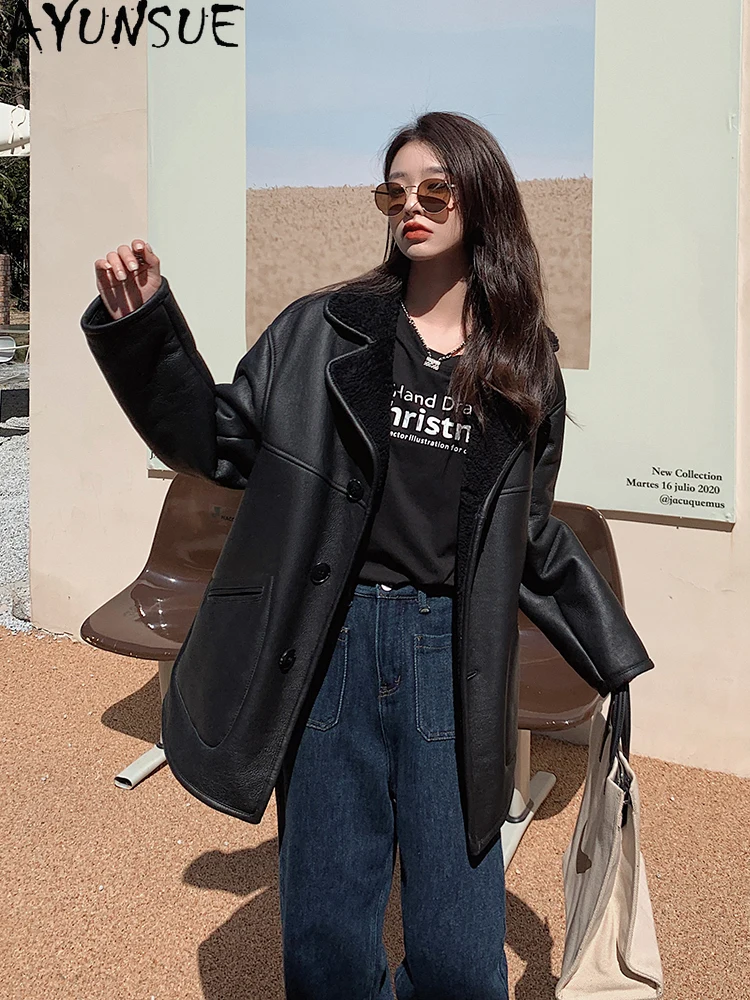 AYUNSUE 2025 신상 시어링 코트 여성 중간 길이 100% 천연 양털 코트 여성 의류 고품질 털 코트 아브리고 무헤르