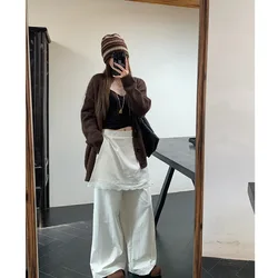 White Lace Patchwork Belted Casual Pants Straight Leg Wide Leg Pants Comfortable Polyester Fiber Commute Sle Ladies Trousers
