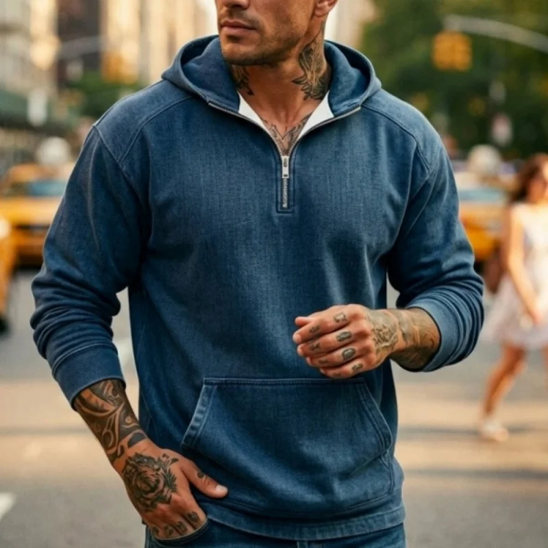 

Spring/Autumn Men's Hoodie Denim Streetstyle Zip-Up | Short-Sleeved Sweatshirt | New Casual & Versatile Casualwear Top for Man