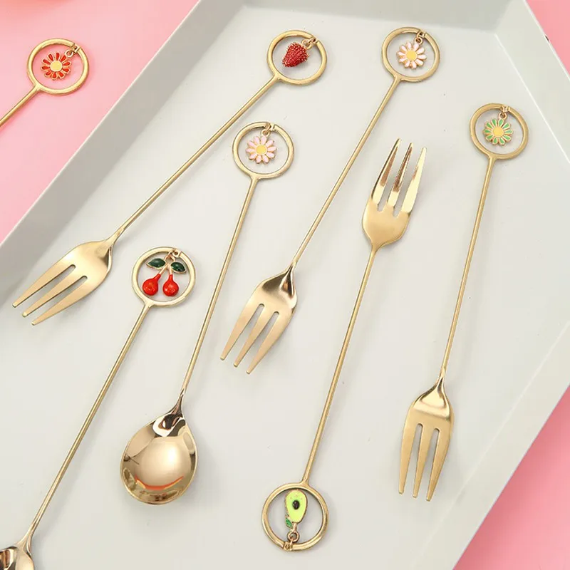 Stainless Steel Spoon Fork with Cute  Fruit Pendant Home Coffee Stirring Spoon Dessert Cake Teaspoons Kitchen Accessories