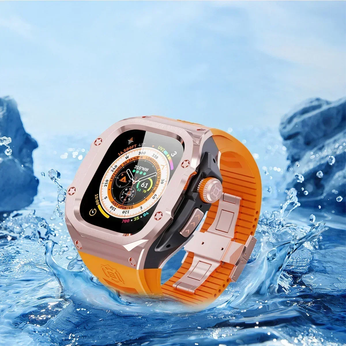 Luxuriöses Modifikationsset für Apple Watch Ultra 2 49 mm, Edelstahlgehäuse für IWatch 9 8 7 6 45 mm 44 mm Sportarmband-Ersatz – Detail 6