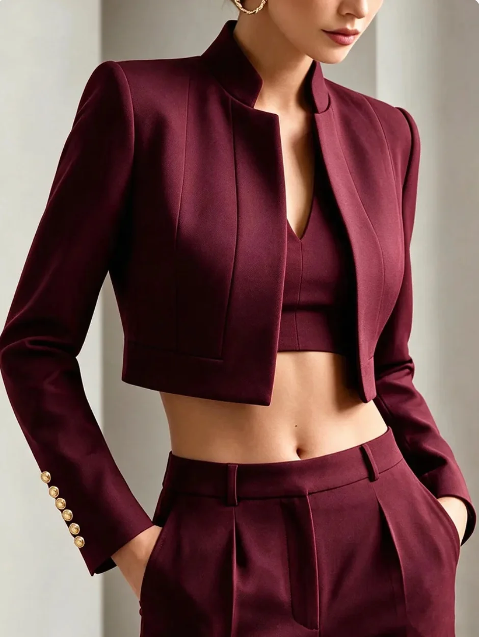 Eleganter Damen-Cropped-Blazer mit Stehkragen, Langen Ärmeln, Metallverzierung an den Manschetten und Knöpfen, Formeller Business-Kurzmantel – Detail 9