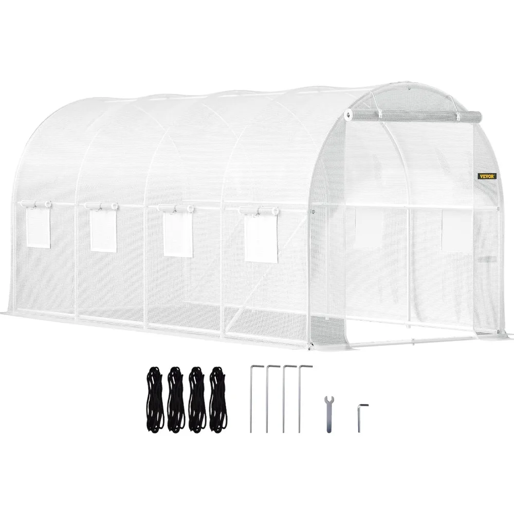 Greenhouse, 20x10x7 Ft Walk-in Tunnel Plant Hot House W/ Galvanized Steel Hoops, Zippered Door & 8 Roll-up Windows, Green House