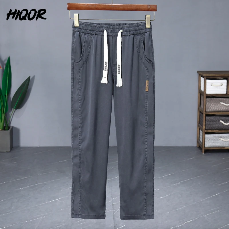 Marca HIQOR, ropa para hombre, Pantalones rectos de seda helada para hombre, novedad de verano en pantalones casuales finos, pantalones de chándal elásticos transpirables para hombre