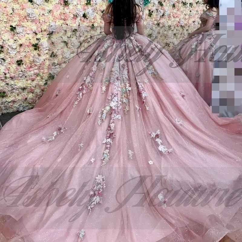 

Customized High Quality Blush Pink Quinceanera Dresses 15 16 Off Shoulder Flower Applique Lace Up Floor Length Prom Party Dress