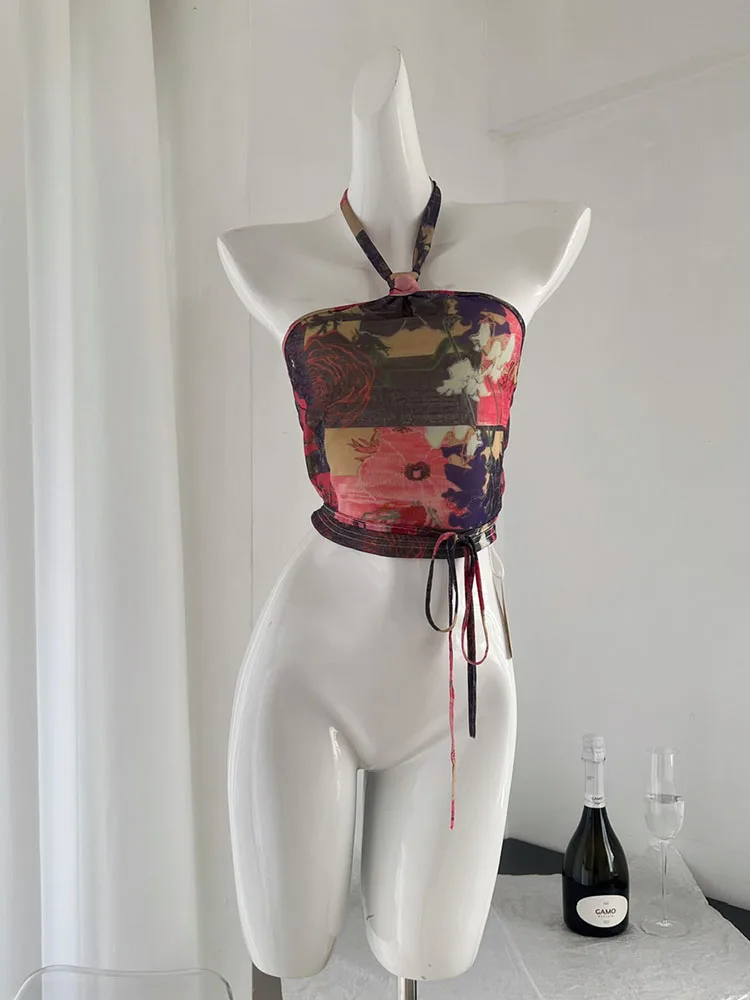 American Retro Print Halter Top Off spalla gilet senza maniche primavera estate donna Sexy Clubwear canotte Chic 2000s estetica