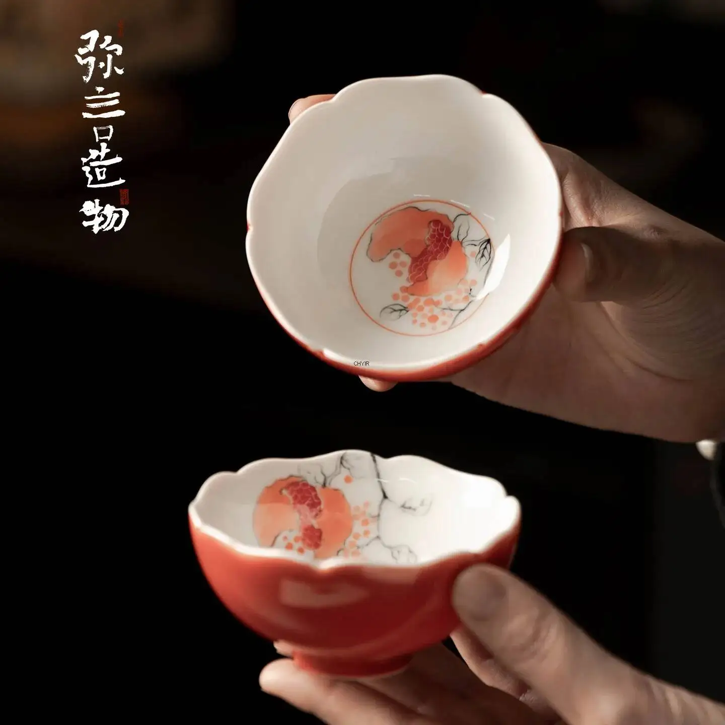 Alum Red Hand-painted Pomegranate Ceramic Master Cup With Handmade Floral Rim Drinking Tea, Kung Fu Чайная чашка
