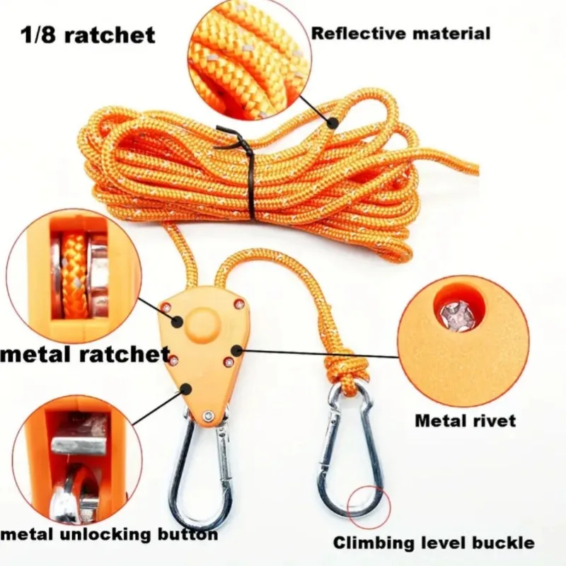 Pink Squirrel 2Pcs Durable Tie Down Rope with Ratchet Hanger，5M Length, for Outdoor Camping, Plants Canopy Tent