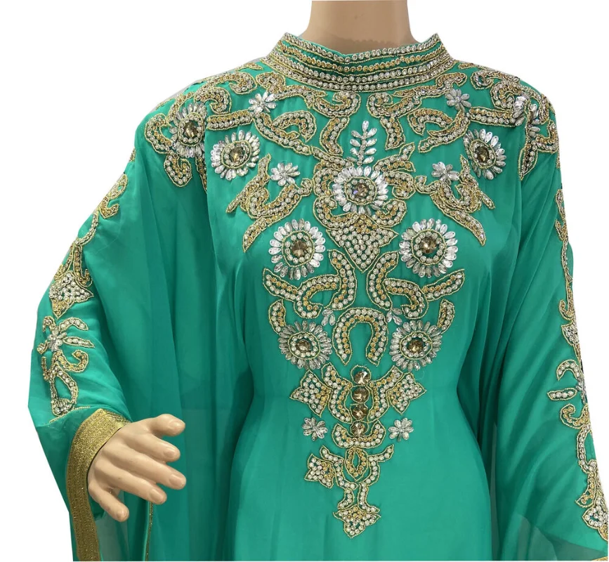 Dubai Sea Green Georgette Moroccan Dress Gown Farasha Exquisite Dress