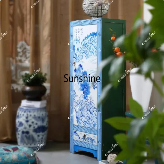 Hand-painted new Chinese-style blue-and-white corner cabinet, solid wood aged side cabinet