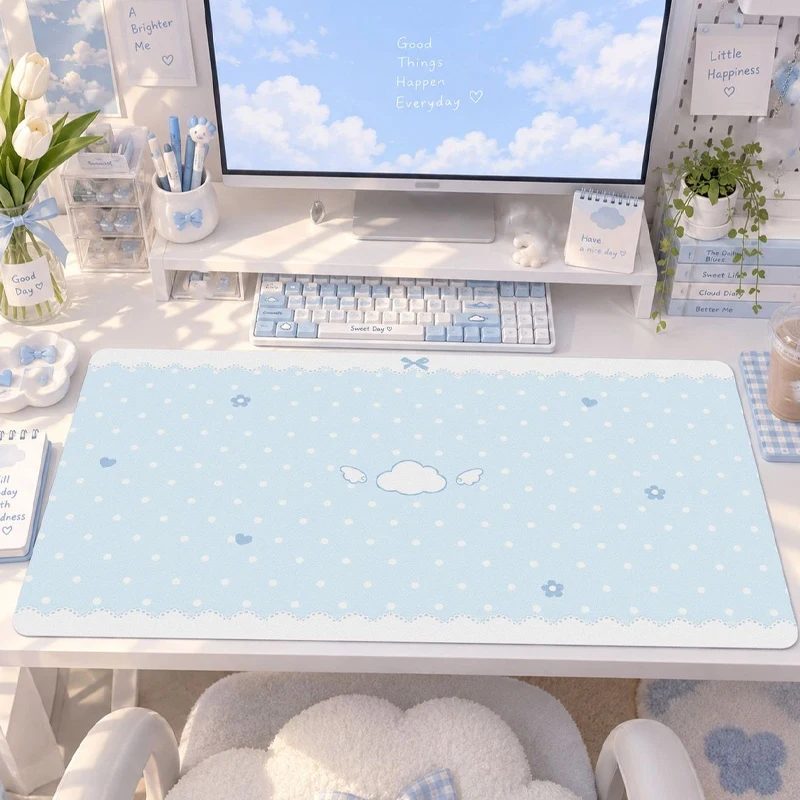 Korea Ins Style Leather Mouse Pad Fresh Blue Wave Dot Bow Non-Slip Desk Mat For Girl Room Decor Aesthetic Decoration Deskpad Rug