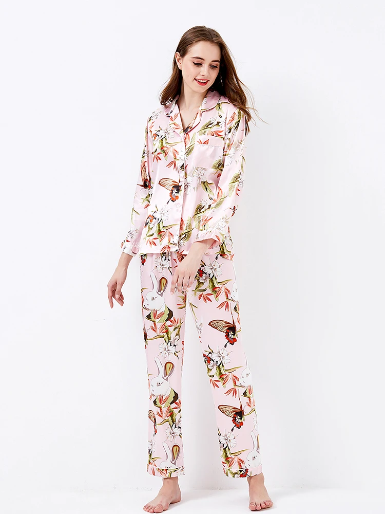 

Yanman Brand Women's All - Season Faux Silk Pajama Set, Floral & Animal Print Sleepwear, Long - Sleeve Top and Pants