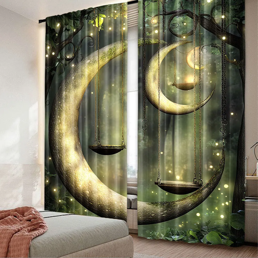 2Pcs Cartoon Curtain Forest Secret Swing Old Tree Curly Half Moon Shaped Print Suitable For Bedroom Living Room