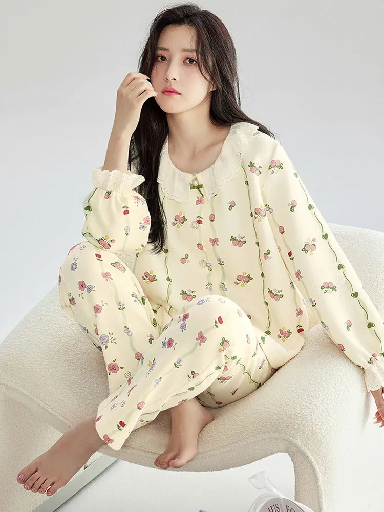 fenteng-pure-cotton-floral-home-clothes-set-women's-sleepwear-long-sleeve-long-pants-breathable-comfortable-autumn-winter