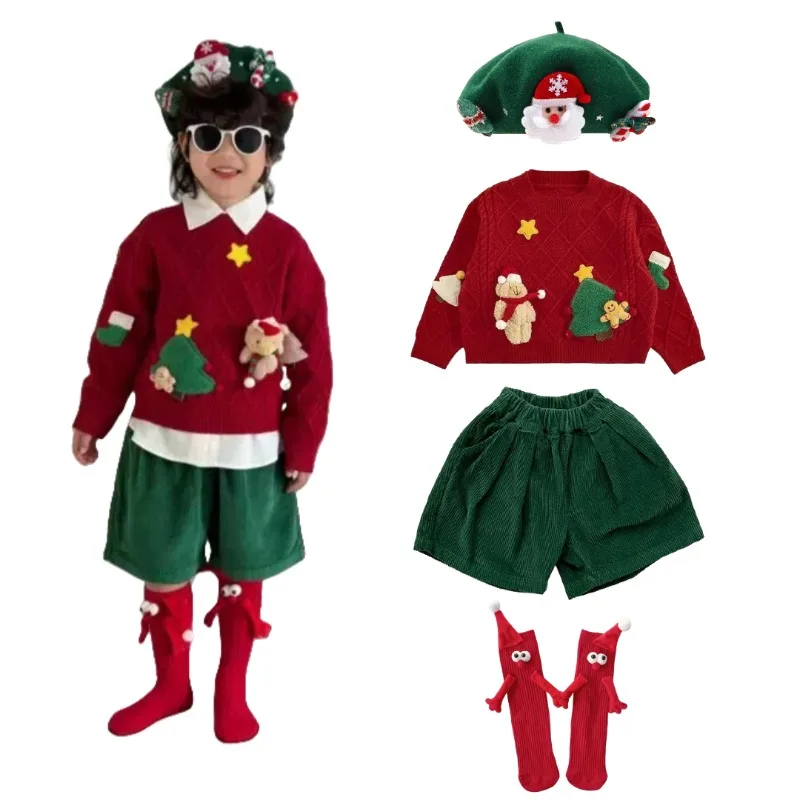 

Kids Boys Girls Christmas Cosplay Costume Cute Sweaters Hat Socks Fashionable Casual Daily Suit for Xmas Holidy Wear Outfits