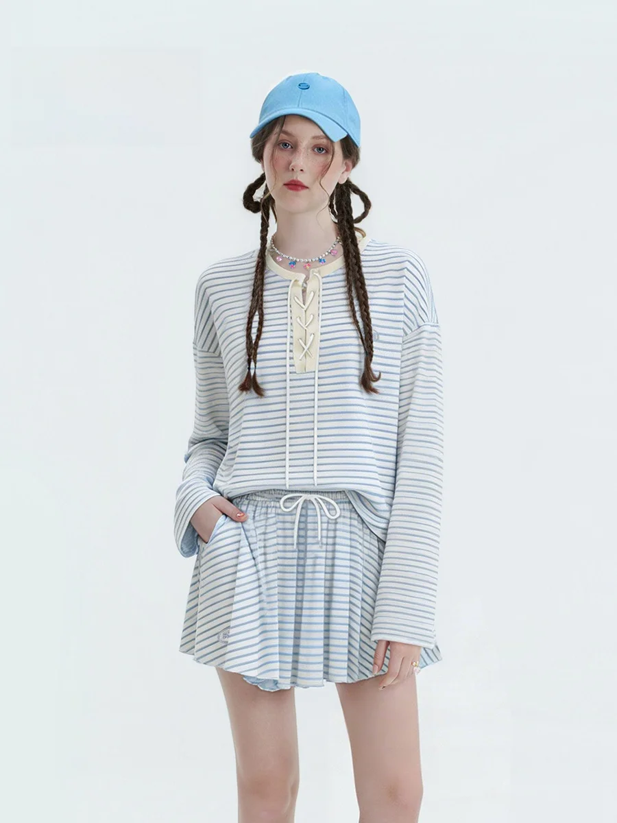 

AHA Striped Tie Waist Wide Fit ter Ne Adjustable Long Sve T-irt Elastic Anti-Light ter Skirt Pants Faion Set