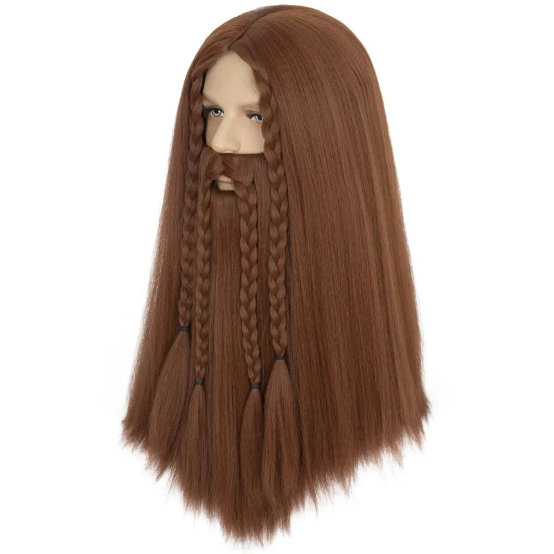 مجموعة شعر مستعار بني طويل مفرود من Miss H ولحية مزيفة للرجال، باروكات فايكنغ مع لحية لحية الهالوين