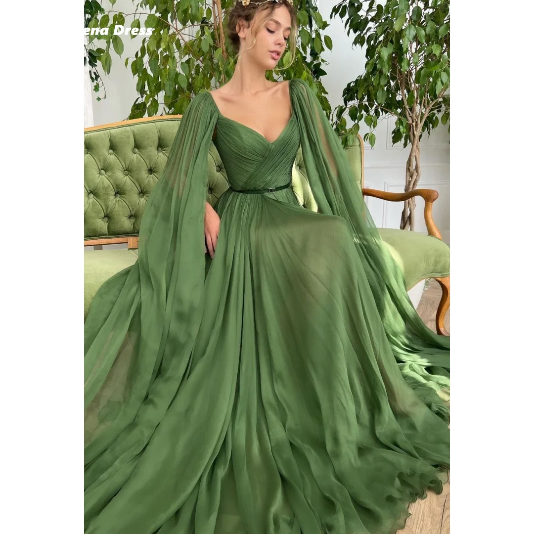 

Lena Long Skirt Gala Dress Woman Chiffon Dresses for Special Events Green Luxurious Women's Evening Dresses Line A Shawl Party