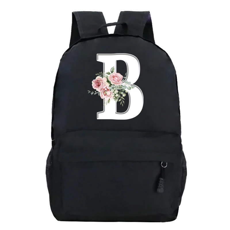 College Student Ladies Pink Floral Alphabet White Print Backpack Women Flower Harajuku SchoolBags Female Rose Letter Shoulder Bag