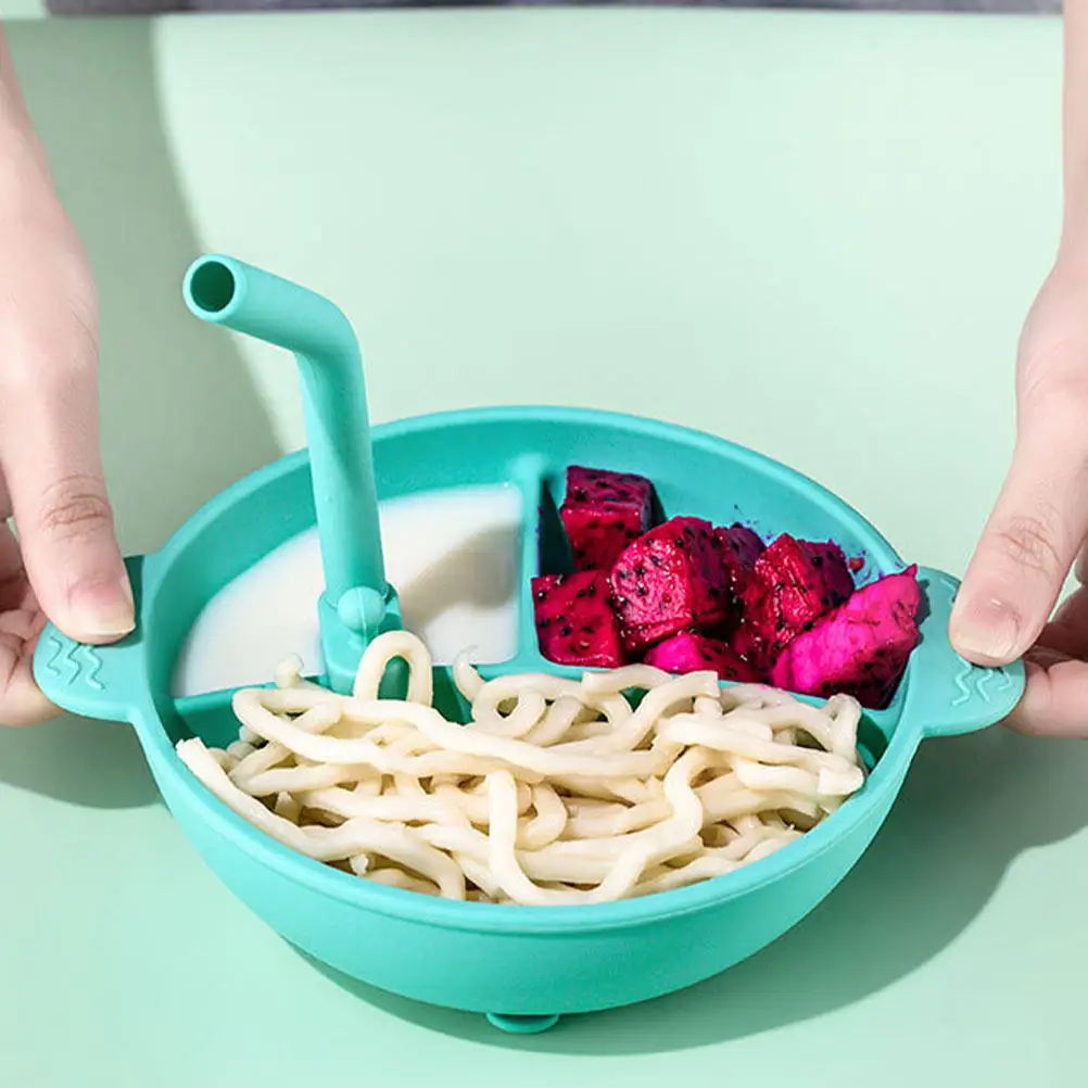 

Набор из 1 силиконовой детской миски для прикорма с соломинкой, многосекционным дном, двумя ручками и мощной присоской