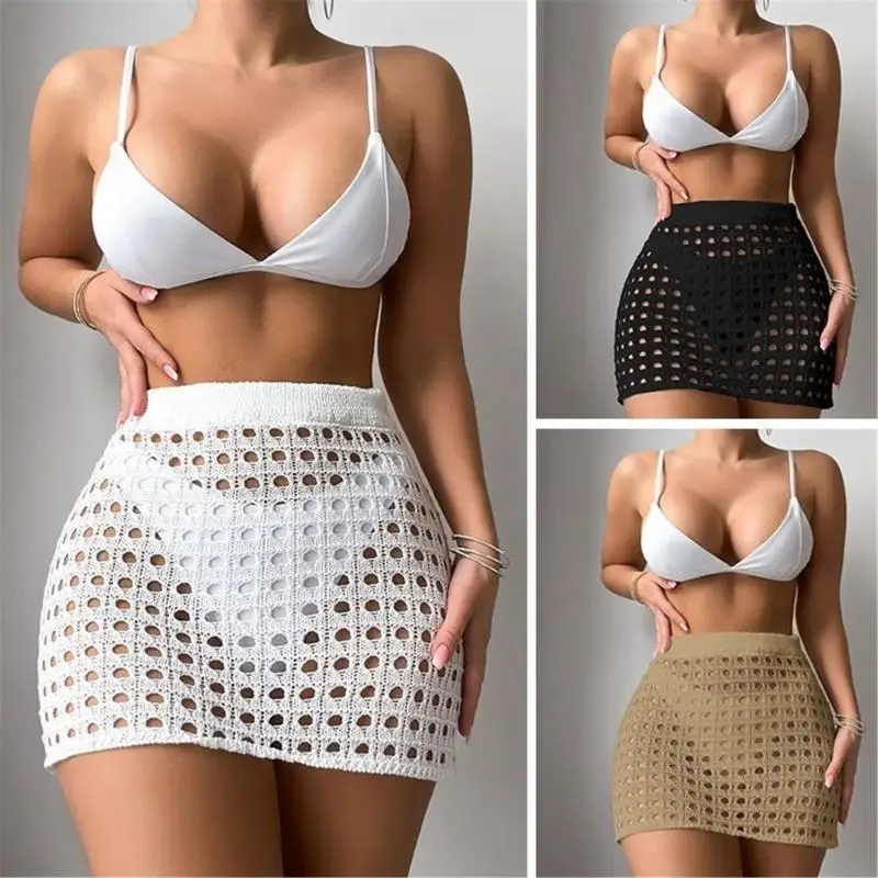 

F68F Womens Elastic Waist Mini Bodycon Beach Skirt Hollowed Crocheted See Through Swimsuit Cover Up Skirts for Bathing Suit