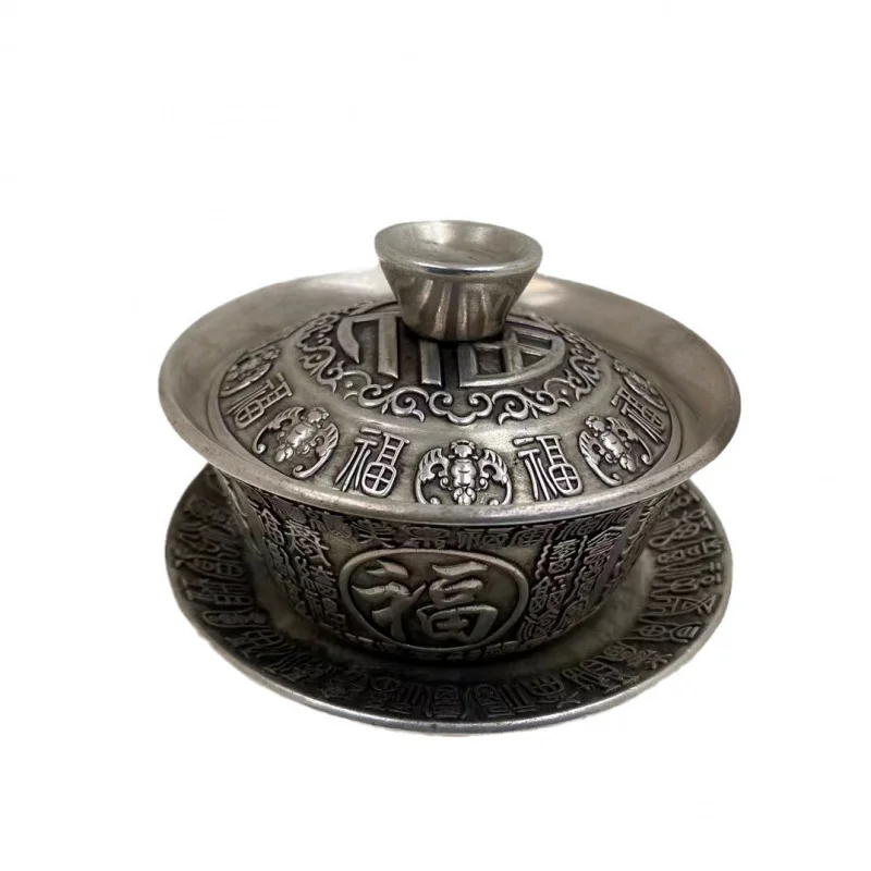 Ancient Crafts Tea Bowl Gaiwan Silverware Set Qing Dynasty Tea Cup Film Props Copper Bowl Bronze Ornament Antique