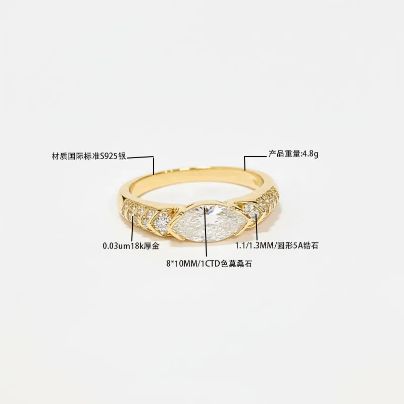 

Moissanite Ring for Women, S925 Sterling Silver 18K Gold Plated Marquise Cut Ring, 8*10MM 1CT D Color Moissanite Center Stone wi