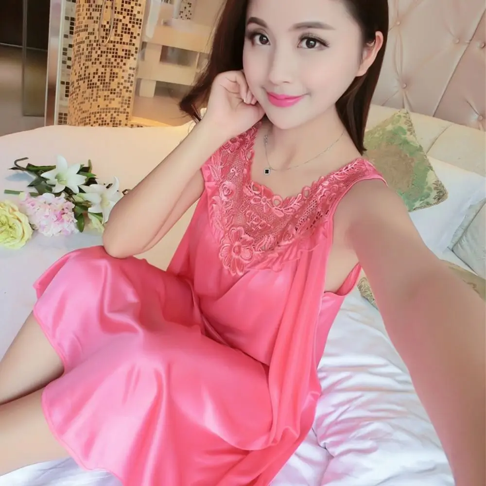 Lady Nightwear Non Shrink Sling Sleepwear Lace Dress Summer Lace Sleeveless Solid Color Homewear